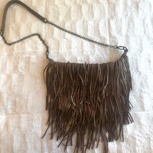 Brown Boho Faux Leather Fringe Bead Crossbody Bag